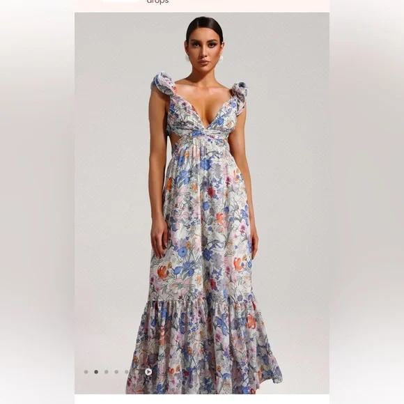 NWT Sunfere Floral Cut Out Maxi Dress Size Medium Lace Up Back Ruffles Flowy - Picture 5 of 14